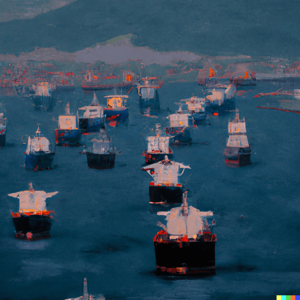 Container ships waiting offshore during supply chain congestion