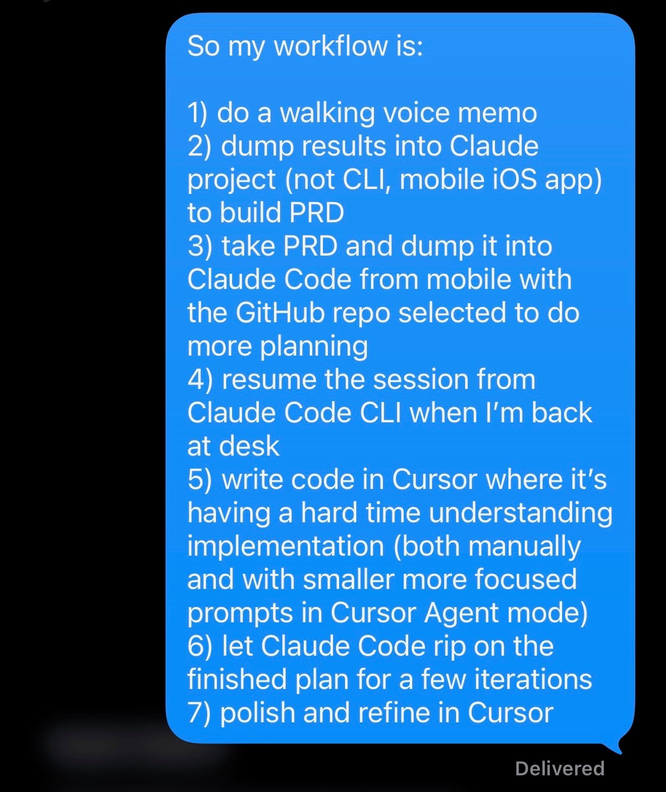 iMessage showing my 7-step workflow